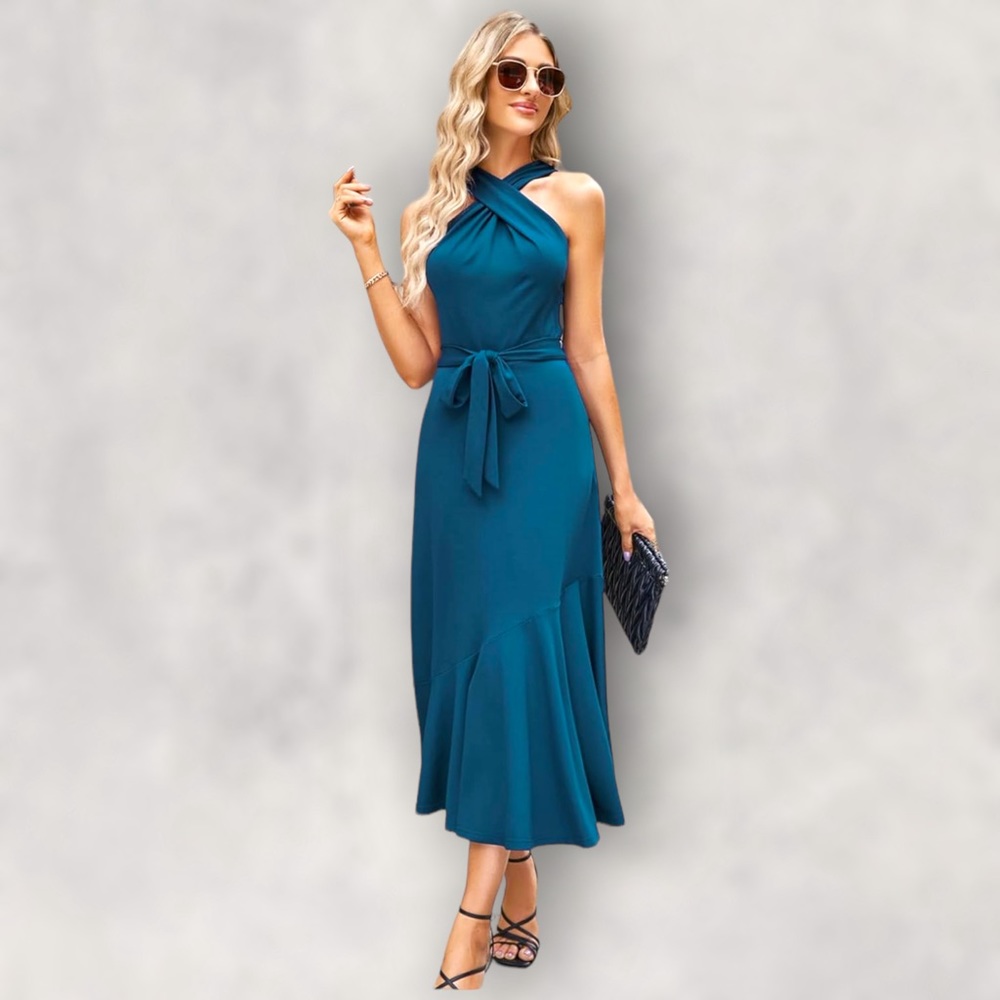 JASAMBAC Midi Criss Cross Halter Neck Sleeveless Ruffle Hem Dress with Belt - Picture 4 of 7